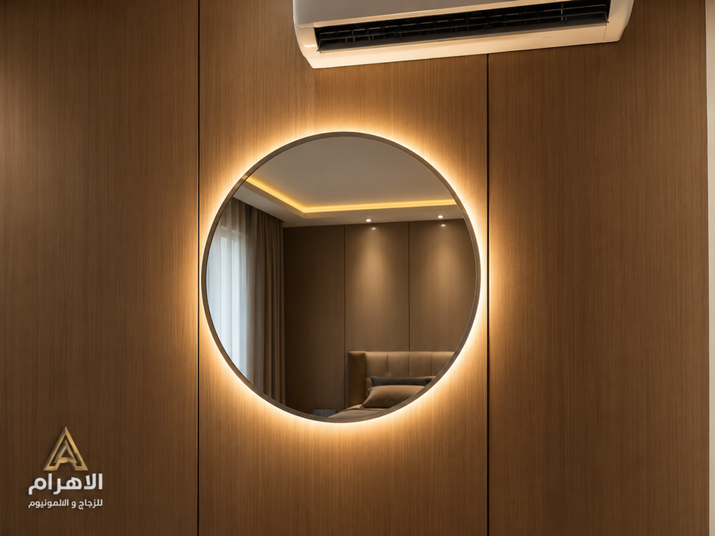 مراية LED دائرية بإضاءة خلفية من تنفيذ الأهرام للزجاج والألمنيوم بالرياض